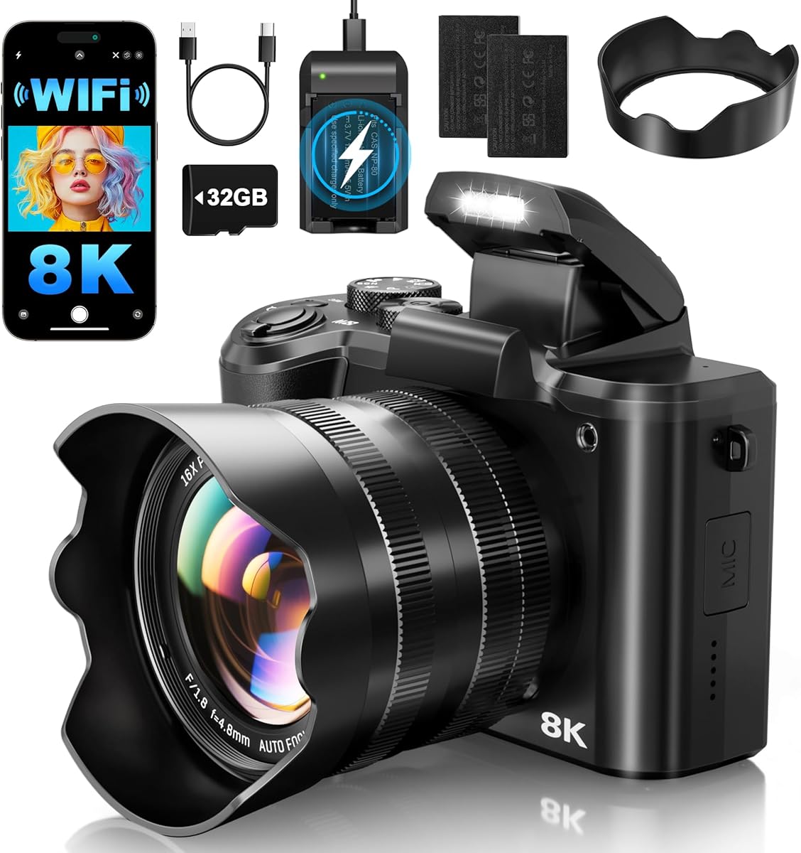 Amazon.com : 8K Digital Cameras for Photography - Autofocus 88MP WiFi Profession Camera with Dual-Lens - 16X Digital Zoom Photography Camera for YouTube with Lens Hood, Touch Screen, 2 Batteries & Charging Stand : Electronics