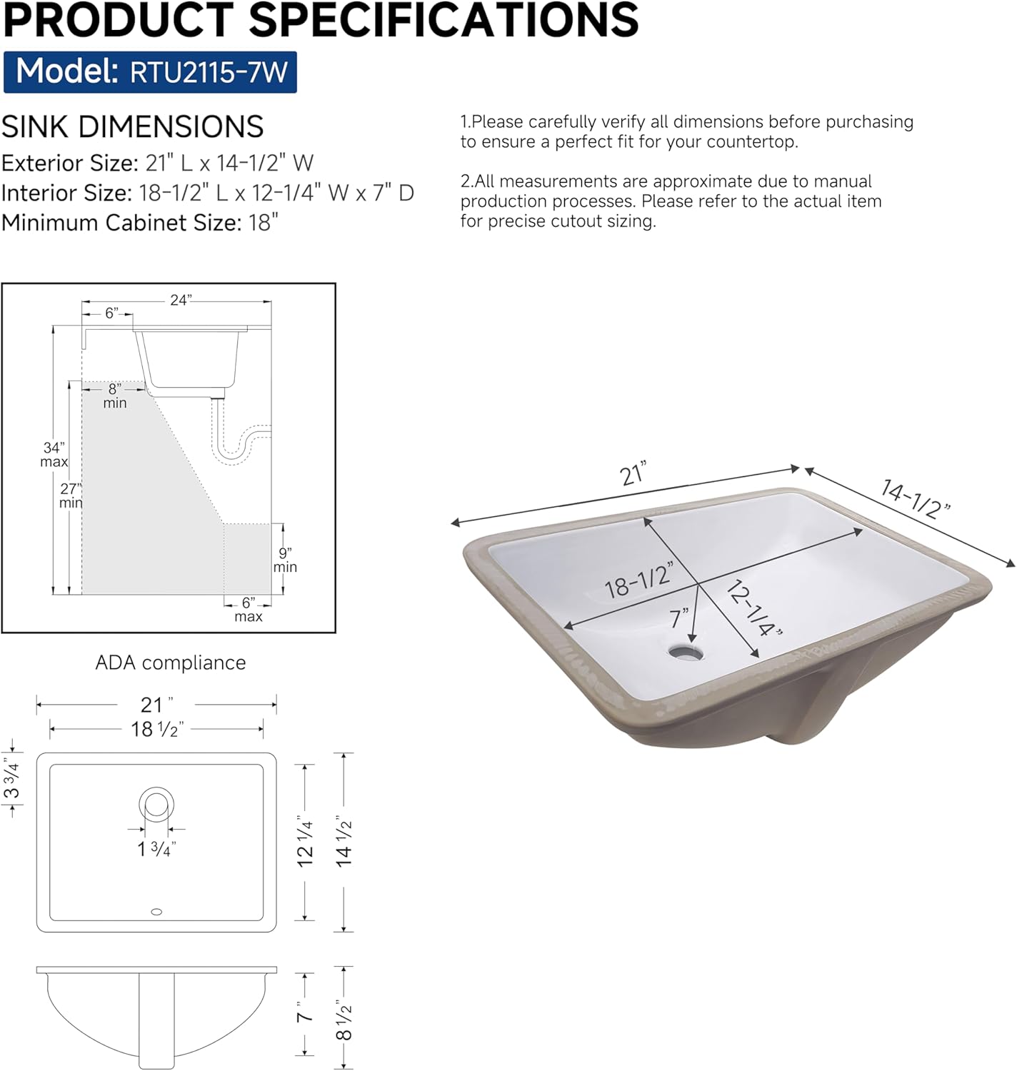 Rectangular 21 x 15 Ceramic Undermount Bathroom Sink Vanity White
