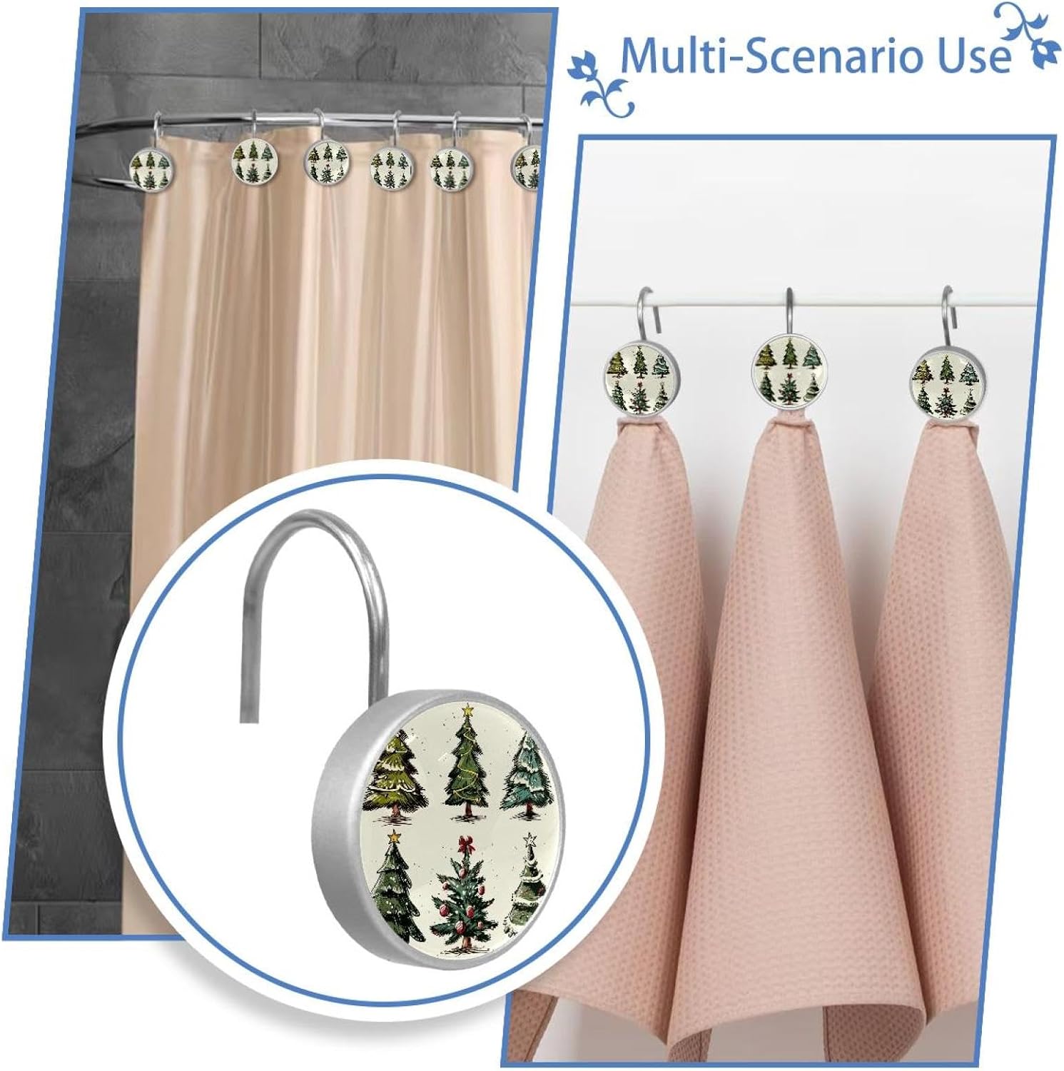 12PCS Christmas Tree 2 Shower Curtain Hooks Rings for Bathroom, Decorative Shower Curtain Hooks Rods Curtains and Liner