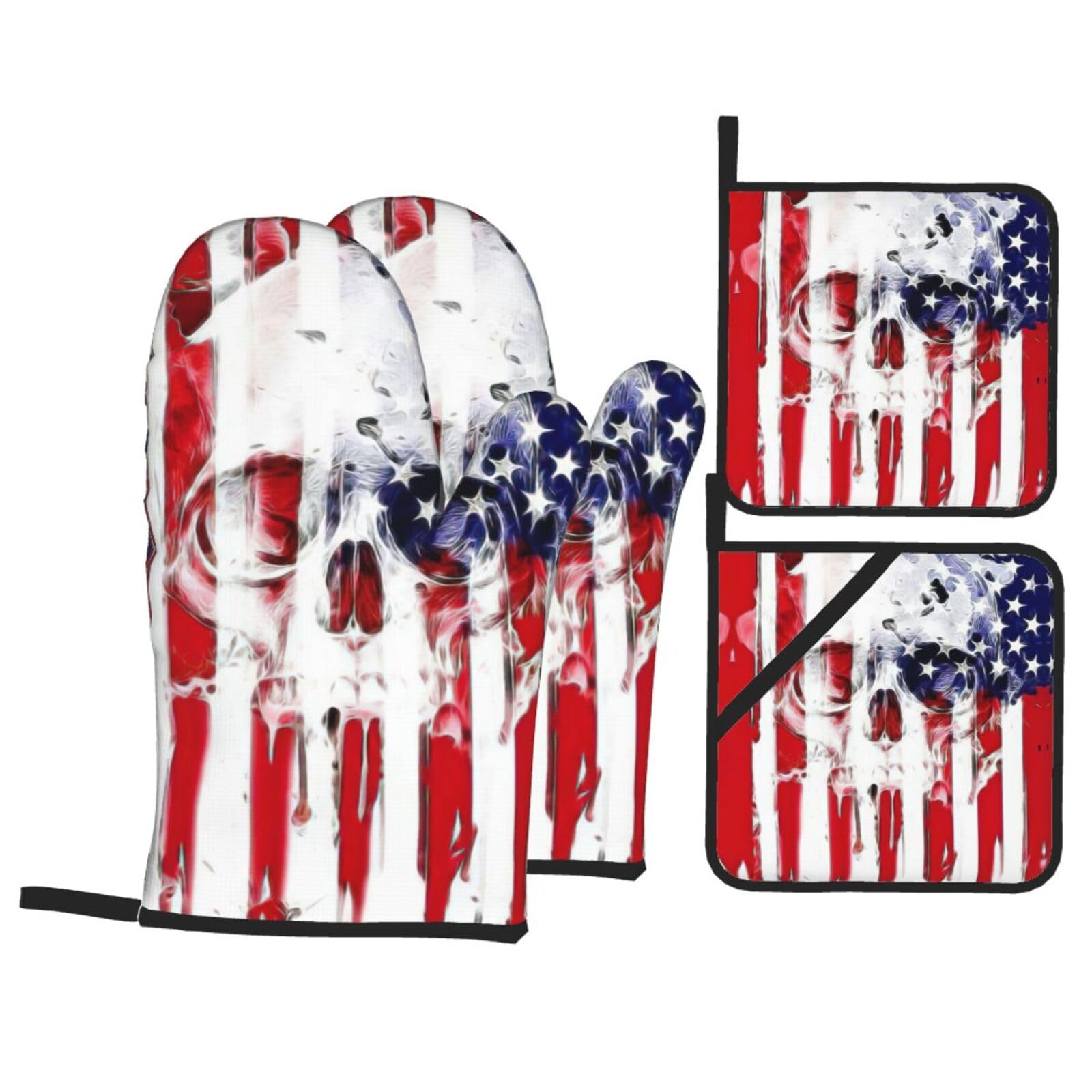 Nimongt Black American Flag Skull Print Heat-Resistant 4-Piece Oven Kitchen Gloves For Baking Cooking Microwaving Essentials