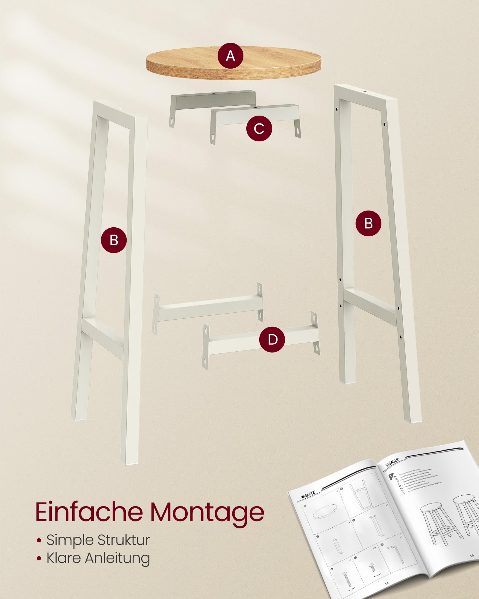 VASAGLE Barhocker, 2er Set, Barstühle, Küchenstühle mit Metallgestell, einfache Montage, 65 cm hoch, mit Fußstütze, für Küche, Wohnzimmer, Esszimmer, eichenbeige-weiß LBC032W09