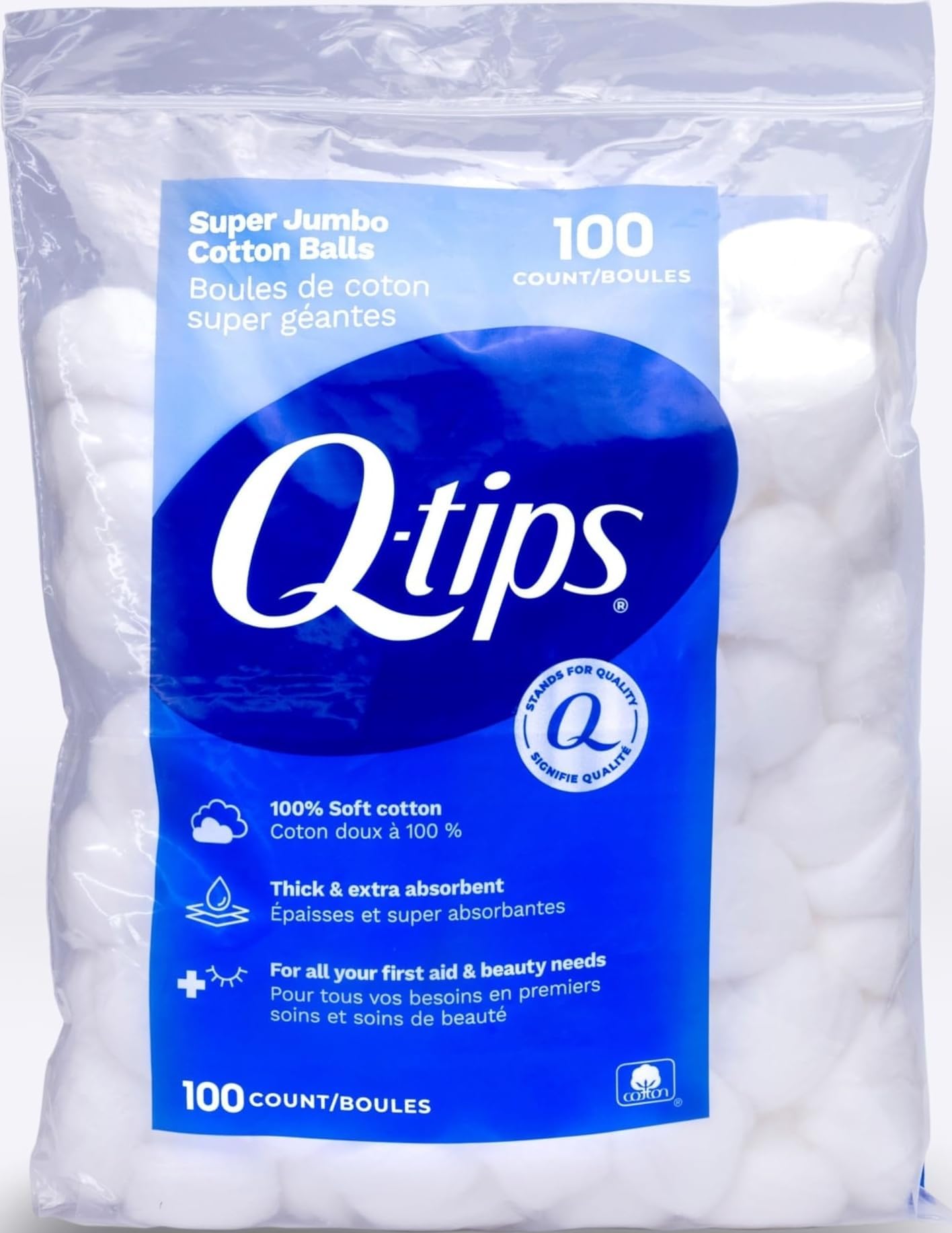 Q-Tips Super Jumbo Cotton Balls for Beauty, First Aid and Baby Care, 100% Thick Cotton, 100 Count