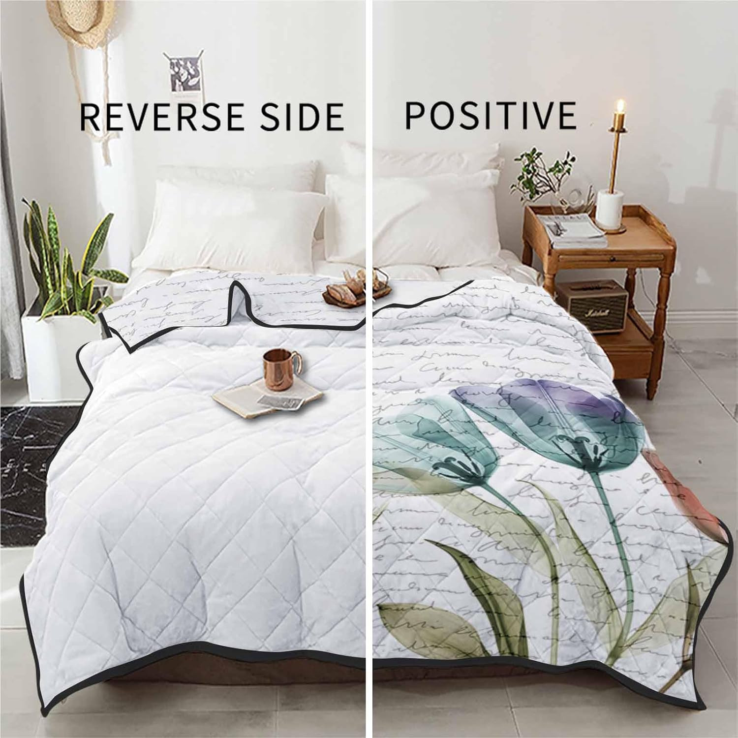 T&H XHome Quilt California King Luxury Quilted Comforter Bedspread-Thin Soft Cozy, Colorful Watercolor Tulip Flower Text Design Reversible Stitched Lightweight Quilt Coverlet for All Season