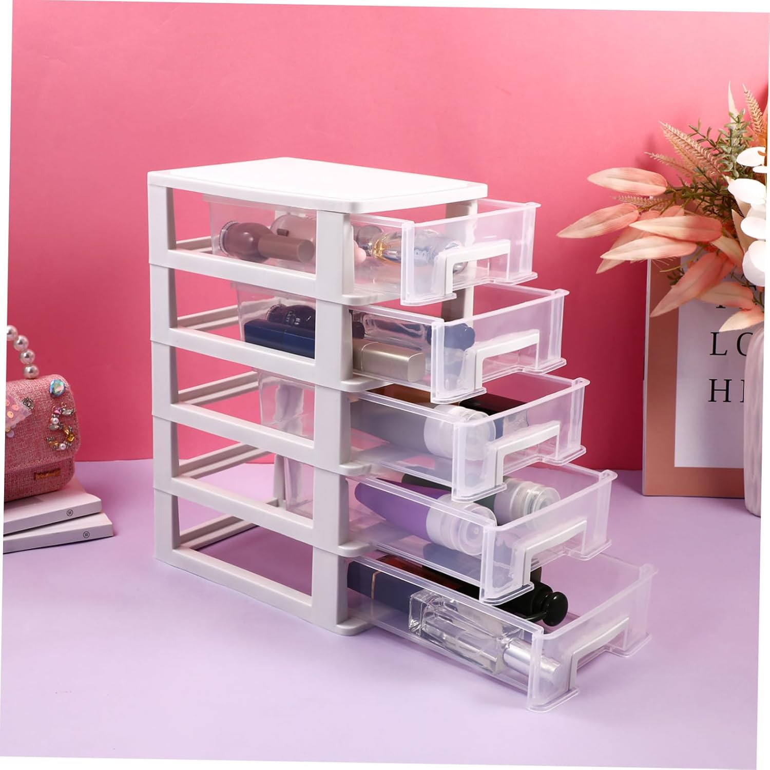 Multifunctional Plastic Storage Cabinet with Transparent and White Desktop Organizer for Stationery and Sundries Compact Material Drawer Unit for Office and Home Use