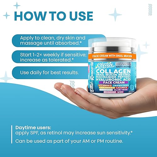 Miniatura 7 de Clean Nutra Vital-Renew Crema facial de colágeno con mucina de caracol, retinol, niacinamida, péptidos y ácido hialurónico, hidratante diario para