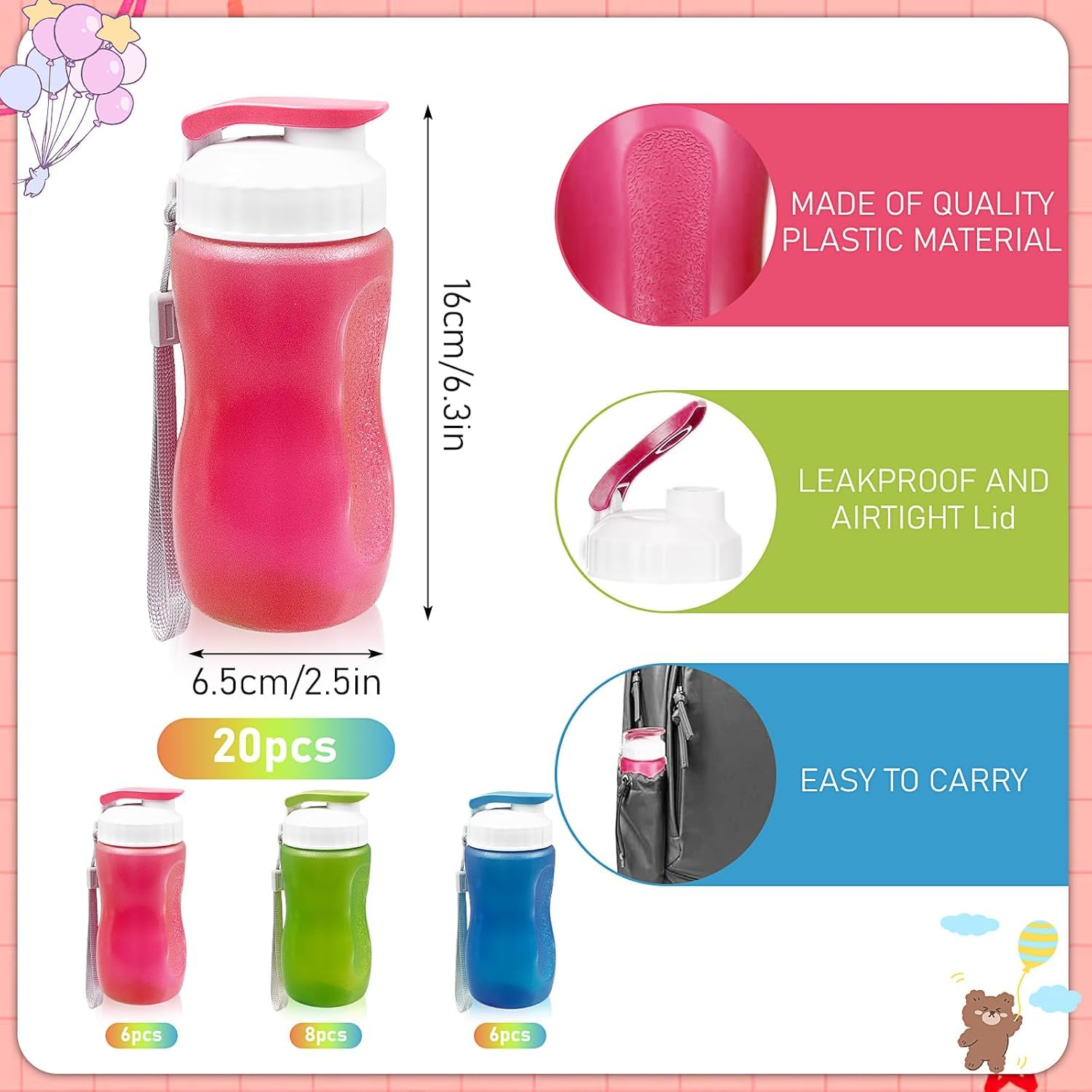 MSYU 20 Stück Wasserflaschen, 350 ml, Kunststoff, Sport-Trinkflasche, Fitnessstudio, leicht, Schnappdeckel, Wasserflasche, einfach zu tragen, auslaufsicher, Reiseflaschen für Kinder, Erwachsene,
