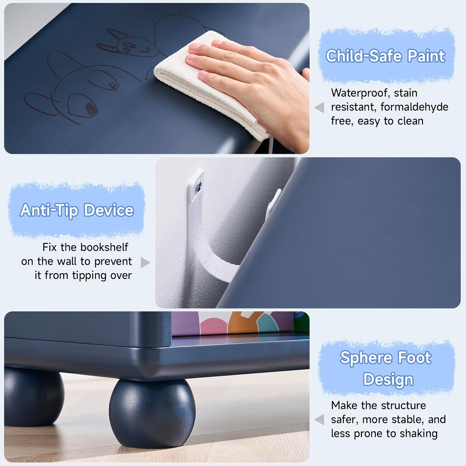 Kids Bookshelf, Large Wooden Bookcase with 6 Cube Storage, Girl Toy Storage Organizer Cabinet with Child Safe Paint&Thick Board, Boy Tall Book Shelves Nook for Office Playroom Living Room (Navy Blue)