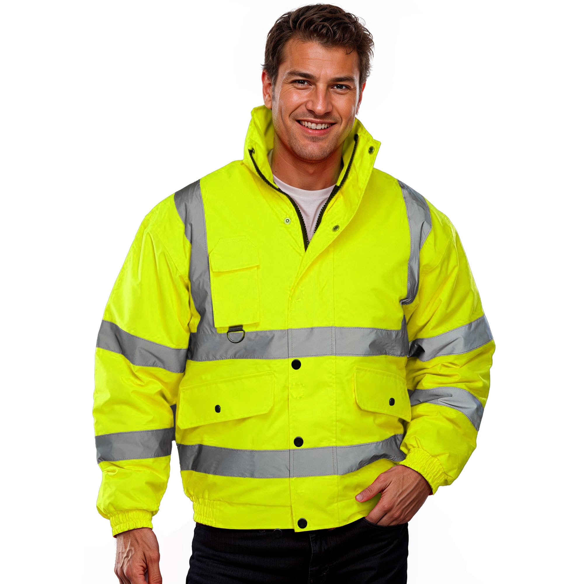 GUBAMens Hi Viz Bomber Jacket, High Visibility Workwear Security Jacket, Waterproof Safety Hooded Padded Reflective Taped Work Wear Coat 2 Tone Hoodie Plus Sizes