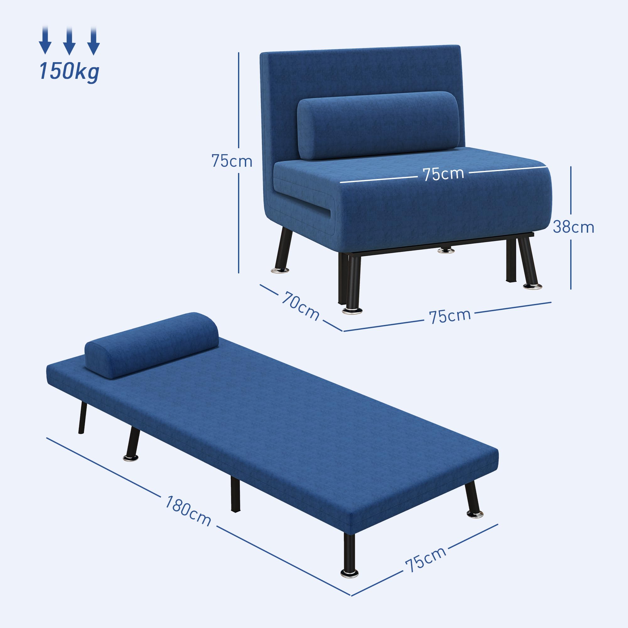 HOMCOM Sofá Cama de 1 Plaza 3 en 1 Sofá Cama Plegable Tapizado en Lino con Respaldo Ajustable de 5 Niveles y Almohada Acolchada para Oficina Dormitorio Salón 75x70x75 cm Azul Oscuro