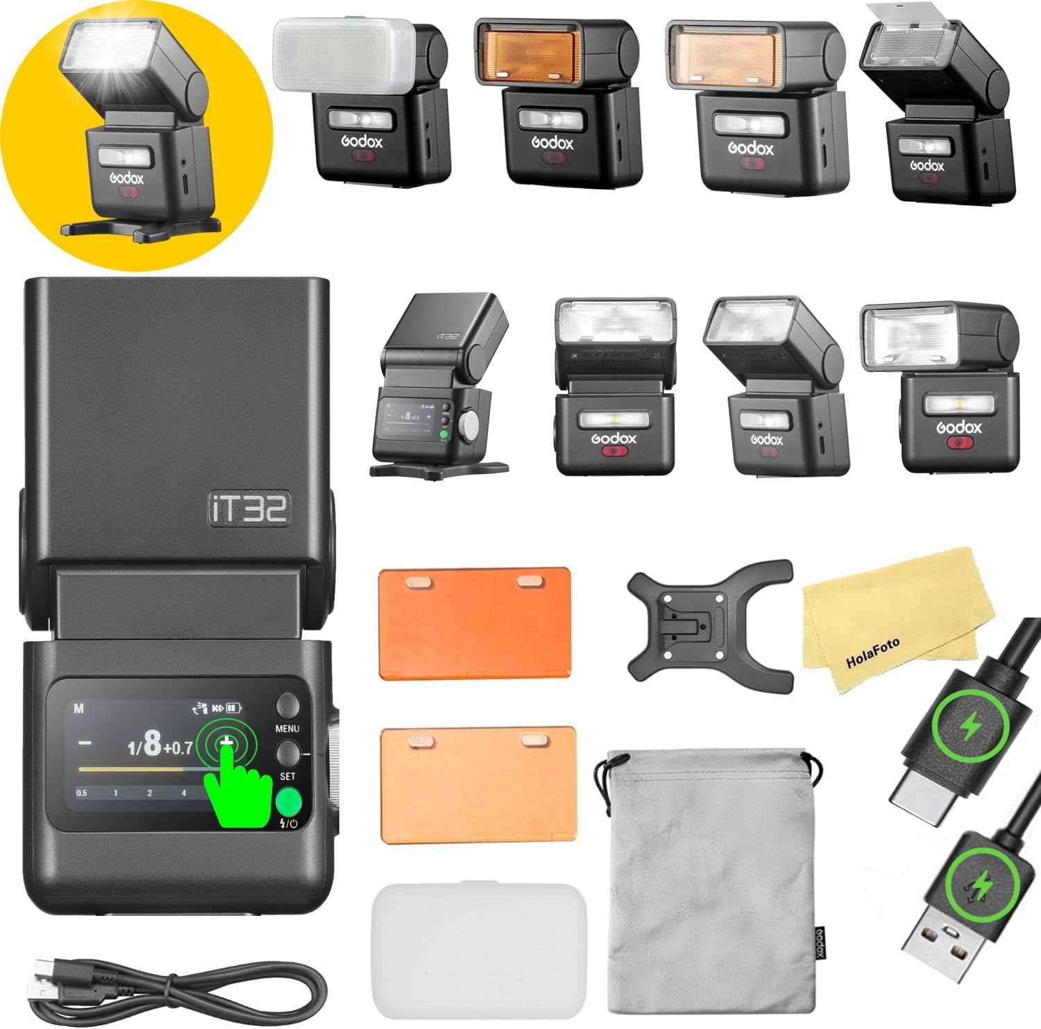 GODOX iT32 2.4G TTL Camera Flash with 7.4V/900mAh Lithium Battery Support Magnetic X5 Wireless Flash Trigger,Full-Color Touchscreen,Built-in Diffuser&Reflector,1.5s Recycle Time,510 Full Power Flashes