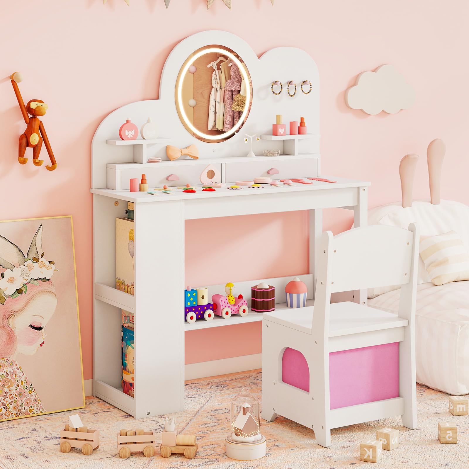 LIFEZEAL Tocador Infantil con Espejo Iluminado LED, Set de Tocador y Silla Princesa, Mesa 2 en 1 con Estantes y Cajones, Almacenaje Seguro para Niñas Desde 3 Años (Blanco)