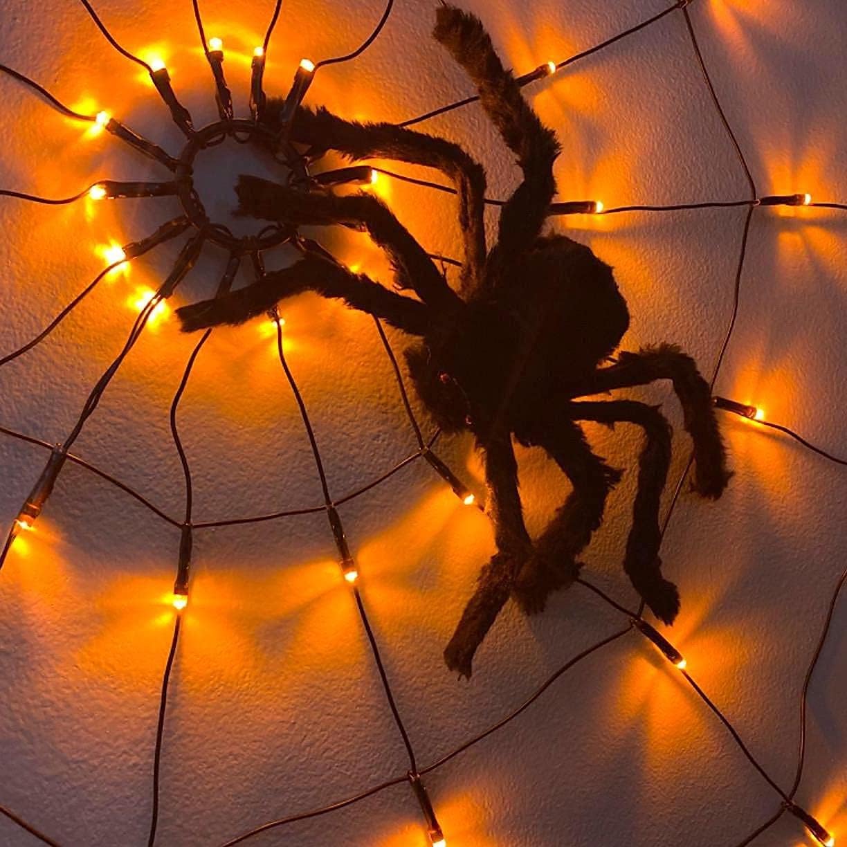 Vanthylit Halloween Spider Web Lights 70LED Orange Lights with Black Spider, Spider Web Light Outdoor Waterproof for Halloween Decorations