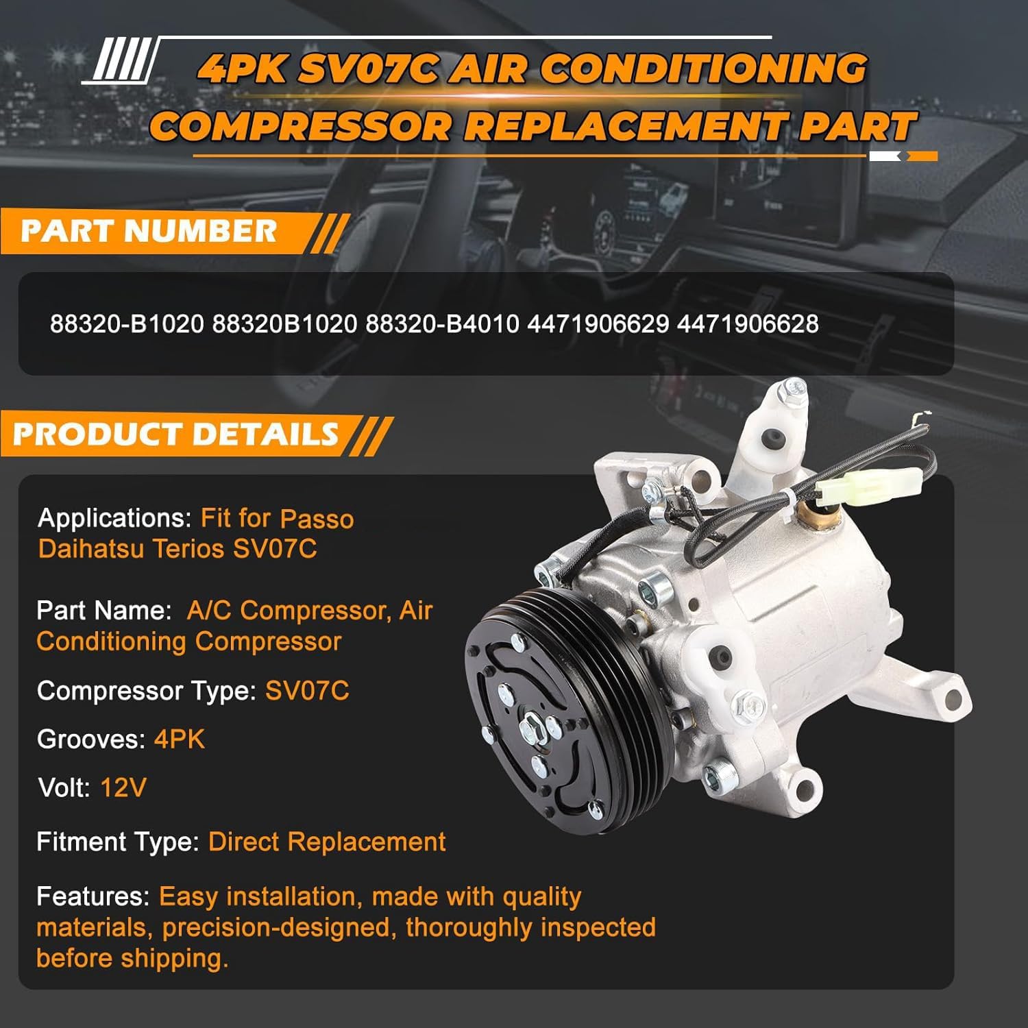 4PK SV07C 88320-B4010 88320B4010 88320-B1020 Air Conditioning Compressor for Passo Daihatsu Terios A/C Compressor Replacement Parts