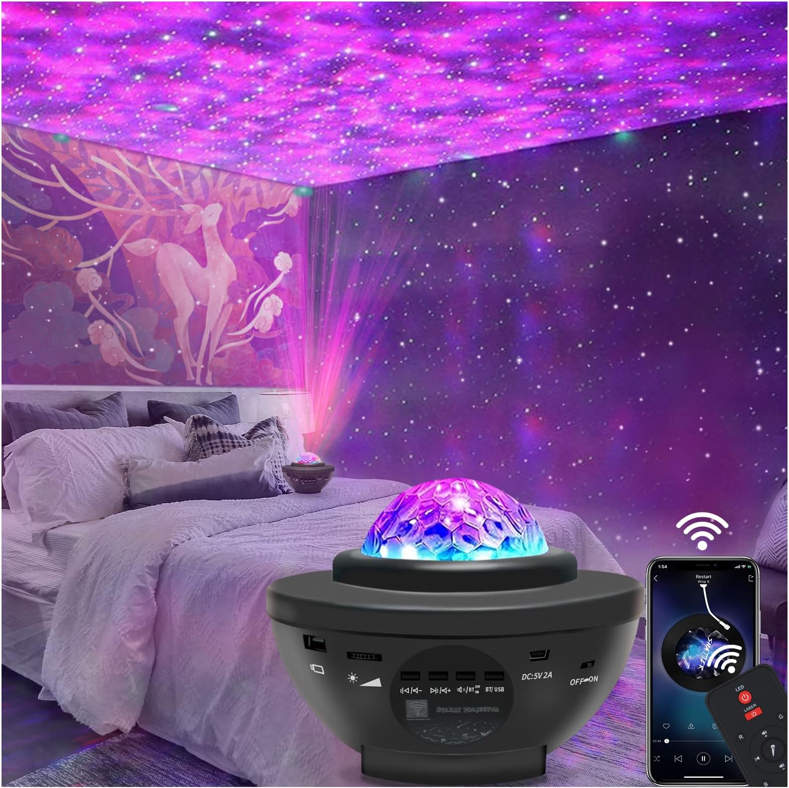 Star Projector Galaxy Light Projector with Remote Control & Bluetooth Music Speaker, Multiple Colors 360 Rotational Dynamic Projections Easeking Star Night Light Projector for Kids Adults Bedroom