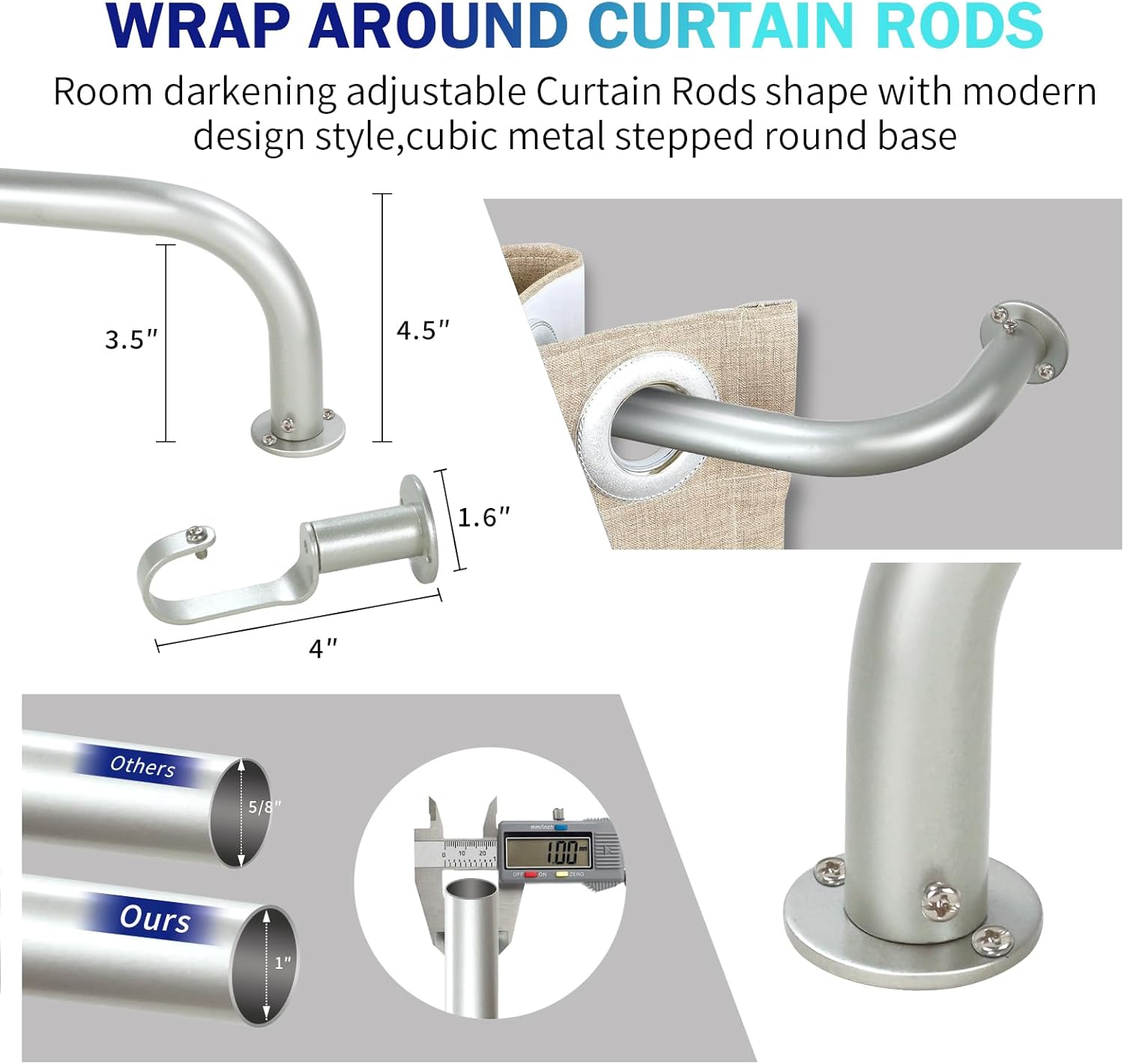Energy Saving Wrap Around Black Out Return Adjustable Window Curtain Metal Rod Set, 1-inch Diameter, 28" to 48", Antique Silver/Pewter