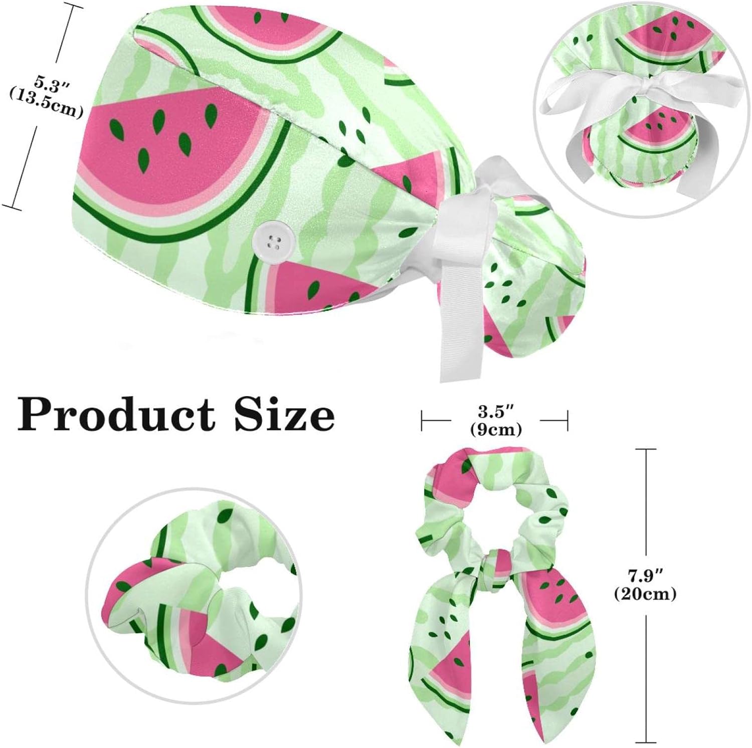 Women's Working Caps Bouffant Surgical Cap with Bow Scrunchies Pink Strawberry Pattern Ponytail Holder Tie Back Scrub Hat - Image 2