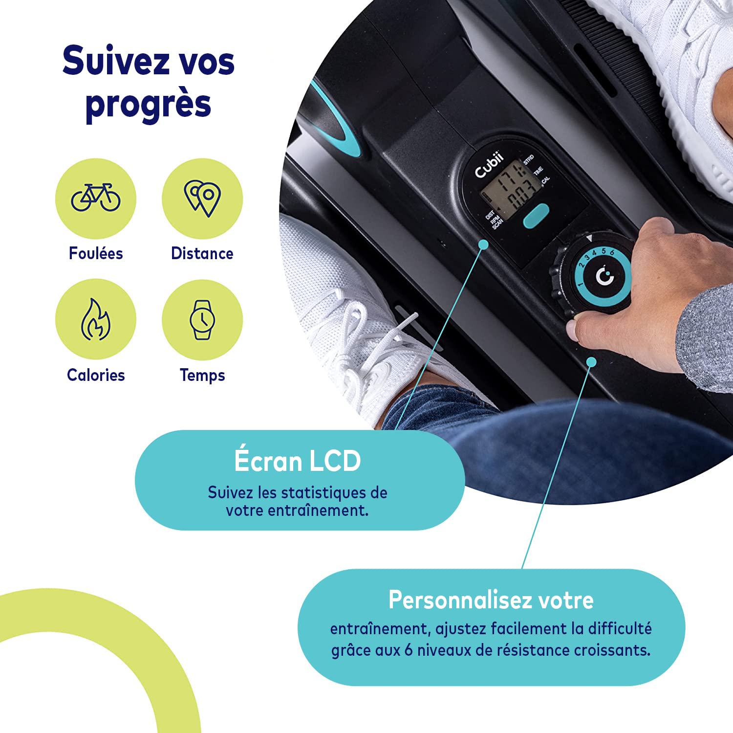 Cubii Move Vélo Elliptique– Mini Stepper Compact pour Exercices à Domicile et Bureau, Pédalier de Bureau Silencieux avec Écran LCD & 6 Niveaux de Résistance, Vélo Elliptique d'Appartement pour Seniors