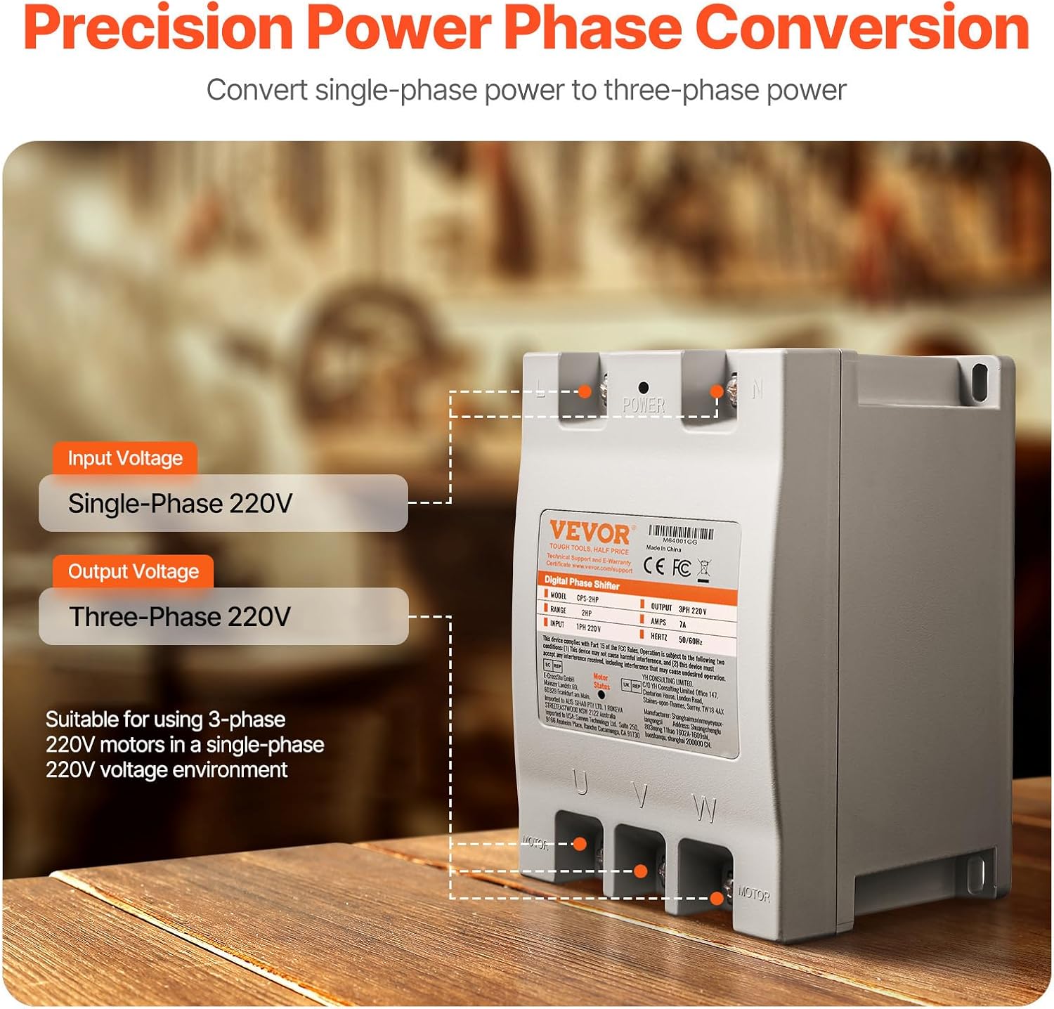 VEVOR 3 Phase Converter - 2HP 7A 220V Single Phase to 3 Phase Converter, 220V Input/Output, Digital Phase Shifter for Residential & Light Commercial Use (One Converter for One Motor Only)