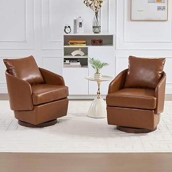 BESTANO Brown Leather Swivel Accent Chair Set of 2,Comfy 360-Degree Swivel Barrel Chair with Back Pillow Living Room Bedroom Accent Arm Chairs,Modern Upholstered Small Single Office Club Sofa Chair
