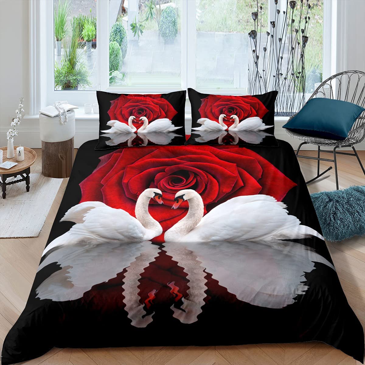 Erosebridal Red Rose Bedding Set Black and White Swan Duvet Cover Queen Size,Birds Comforter Cover,Romantic Flower Quilt Cover Wild Animals Bedroom Decor for Girls Woman Lady Wedding Decorations