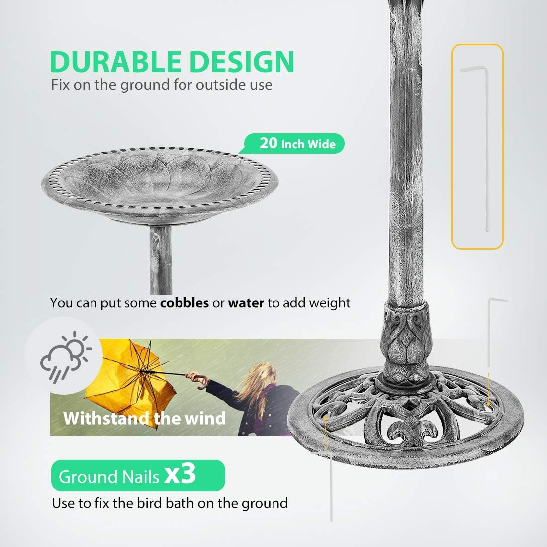 VIVOHOME Bird Bath for Outside, Polyresin Pedestal Bird Baths for Outdoor, Garden, 28 Inch Height Weather-Resistant Birdbaths with 20" Bowl, Gray