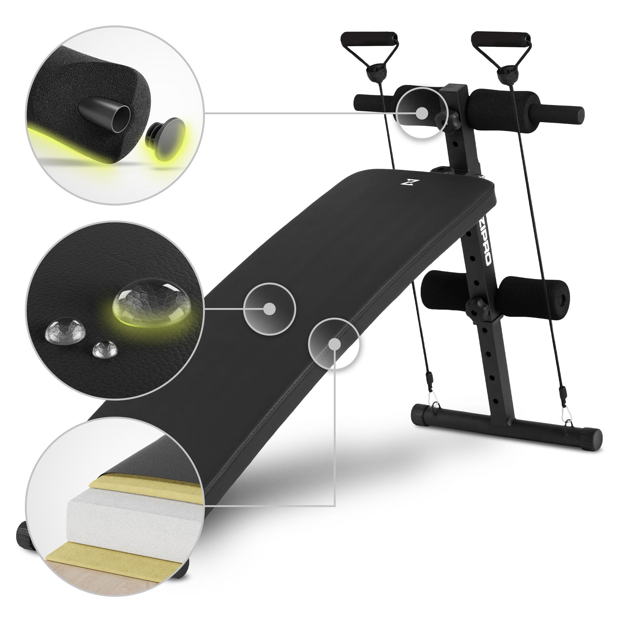 Zipro Sit Up Slant, ławka do fitnessu z 5-stopniową regulacją oparcia, ławka treningowa z 2 linami, obciążenie 200 kg, regulacja kąta 20-30 stopni