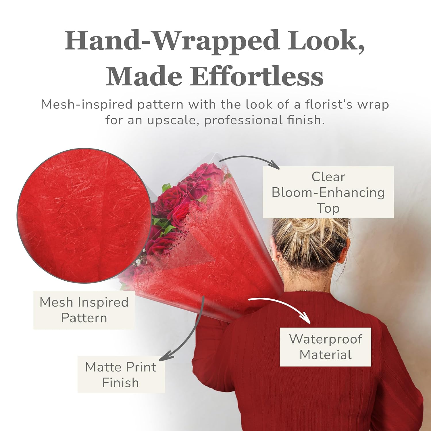 Aria Sleeves 20 Pack 17.3 x 13.66 x 3.5 Inch Waterproof Flower Bouquet Wrapping Sleeves, Flower Bouquet Bags, Plastic Floral Sleeves, Gift-Ready for Wedding, Birthday, Red
