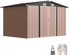 Outsunny Garden Shed 6.9 m² Galvanised Steel with Air Inlets, Garden Tool Shed with Double Lockable Door with Keys, Tilted Roof, Gloves, 305 x 245 x 194 cm, Brown