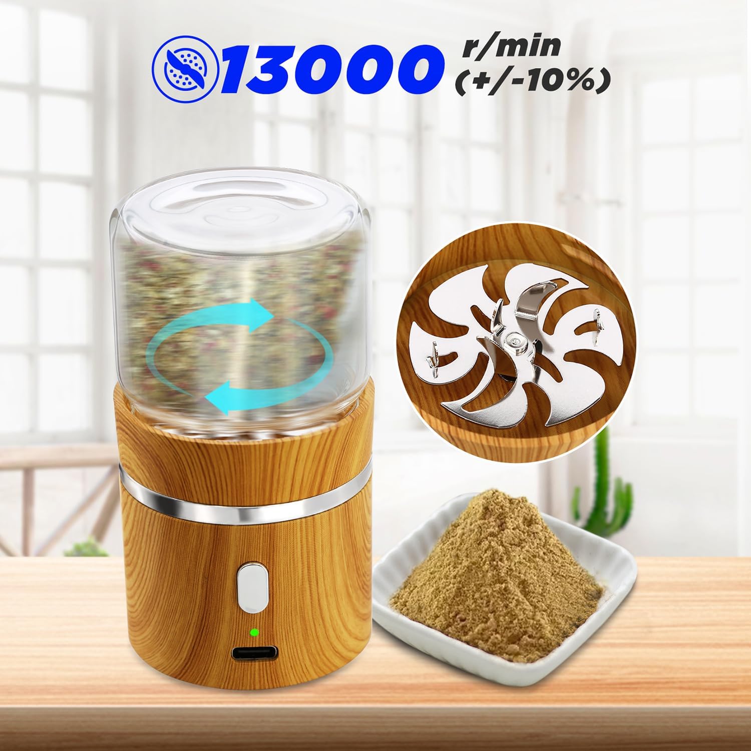 Electric Herb Grinder, Electric Spice Grinders Mini Size 2inx3.5inches with 2pcs 1.7oz/50ml Glass Jar Rechargeable Automatic Herb Grinder