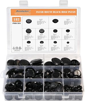 182pcs Auto Body Black Plastic Hole Plug Button and Flush Mount Sheet Metal Plug Assortment Kit Fit Hole Sizes 1/4, 3/8, 1/2, 5/8, 11/16, 3/4, 7/8, 15/16 inch Hole Cap Assorted Set