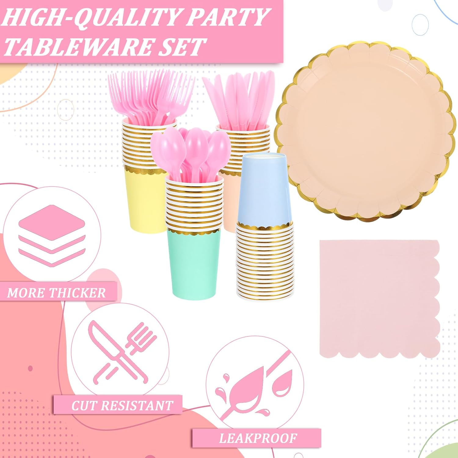 240 Pieces Pastel Party Supplies Disposable Dinnerware Set Include Plates and Cups Napkins Plastic Forks Knives Spoons Tablecloth for Wedding Birthday Party Decorations