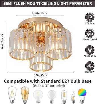 ZYDTRIP Crystal Chandeliers Ceiling Light, 3-Lights Crystal Ceiling Lights Living Room, Modern Gold Semi Flush Light Fittings for Bedroom, Hallway, Bathroom, Foyer, Kitchen Light Fixture