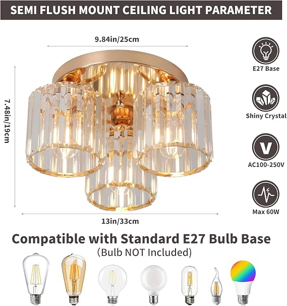 ZYDTRIP Crystal Chandeliers Ceiling Light, 3-Lights Crystal Ceiling Lights Living Room, Modern Gold Semi Flush Light Fittings for Bedroom, Hallway, Bathroom, Foyer, Kitchen Light Fixture