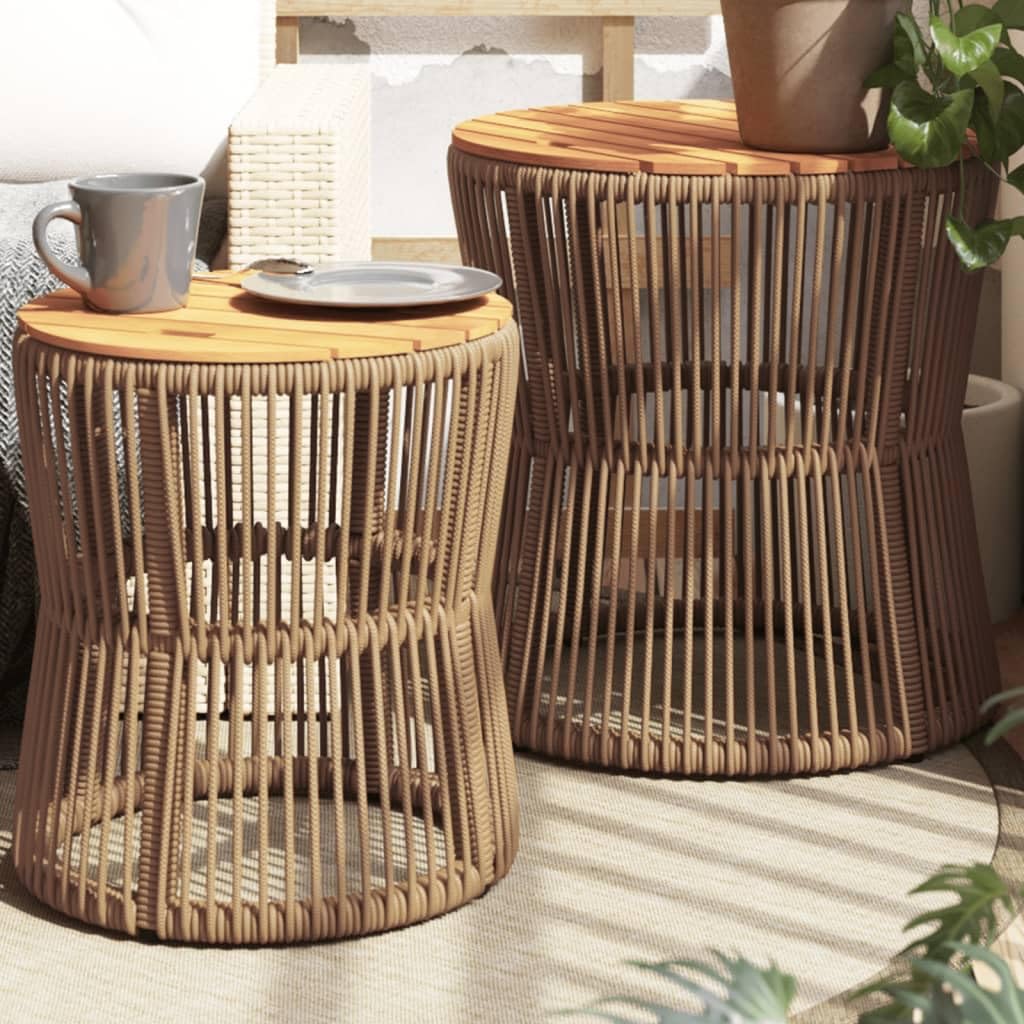 vidaXL Garten Beistelltisch 2 STK., Tisch mit Holzplatte, Gartentisch mit Stahlgestell, Terrassentisch Gartenmöbel Gartengarnitur, Beige Poly Rattan
