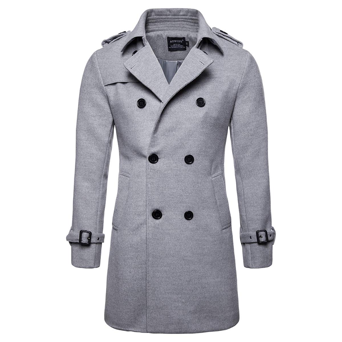 aowofs Men's Coat Winter Regular Fit Winter Coat Long Wool Coat with Belt, Light Grey, L