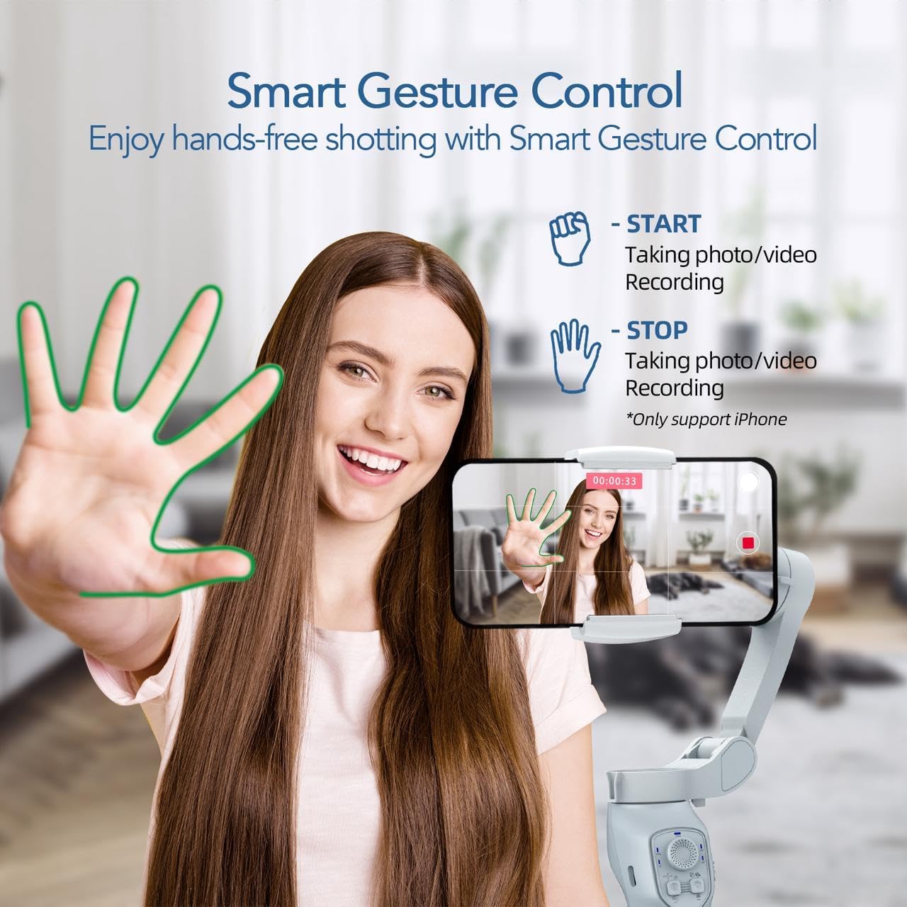 A woman demonstrating gesture control for the JCROBOT iSleeky L7C Pro gimbal, showing 'start' and 'stop' hand signals.