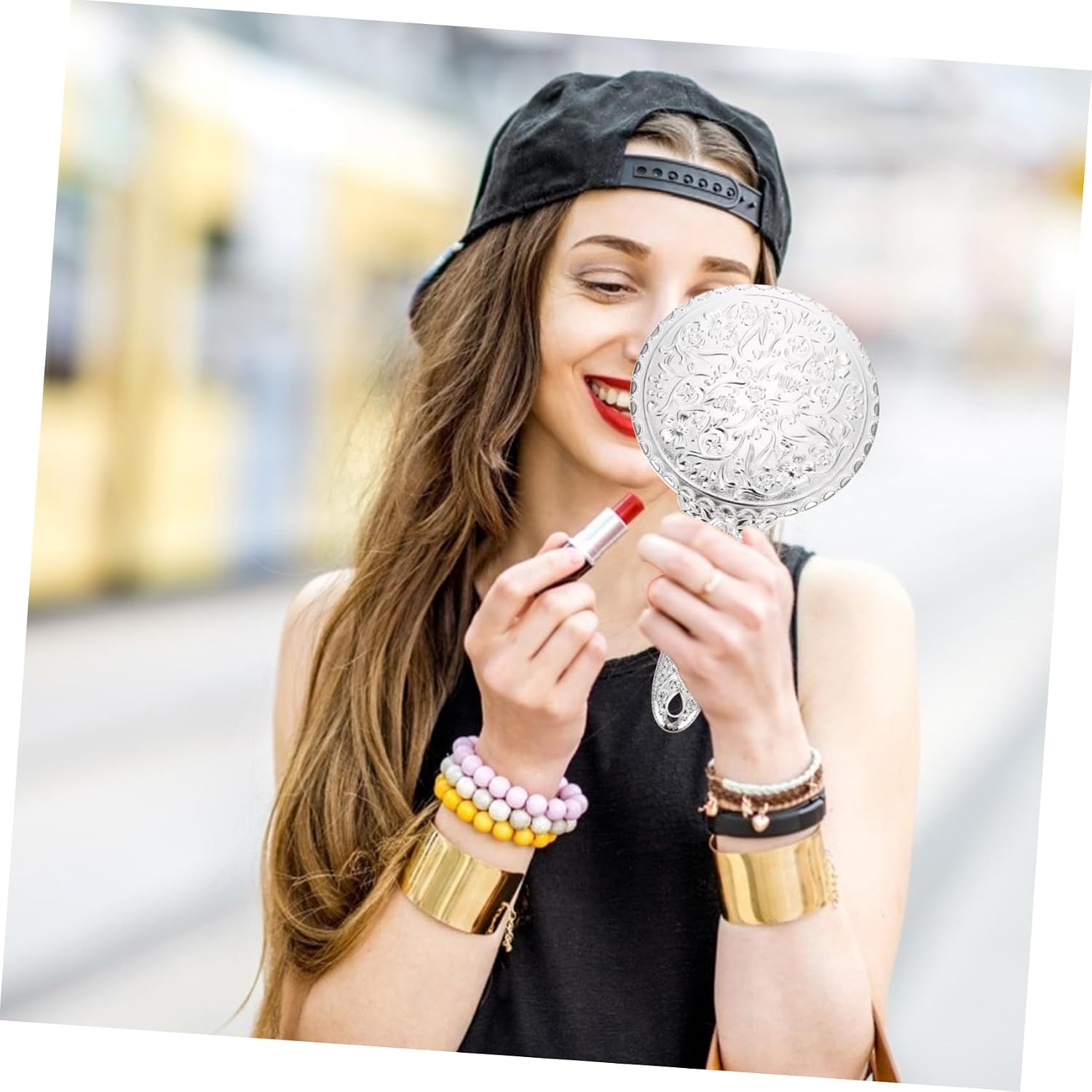 Retro Hand Mirror Round Silver Rose Handle for Women Hand Held Makeup Mirror Vintage Design