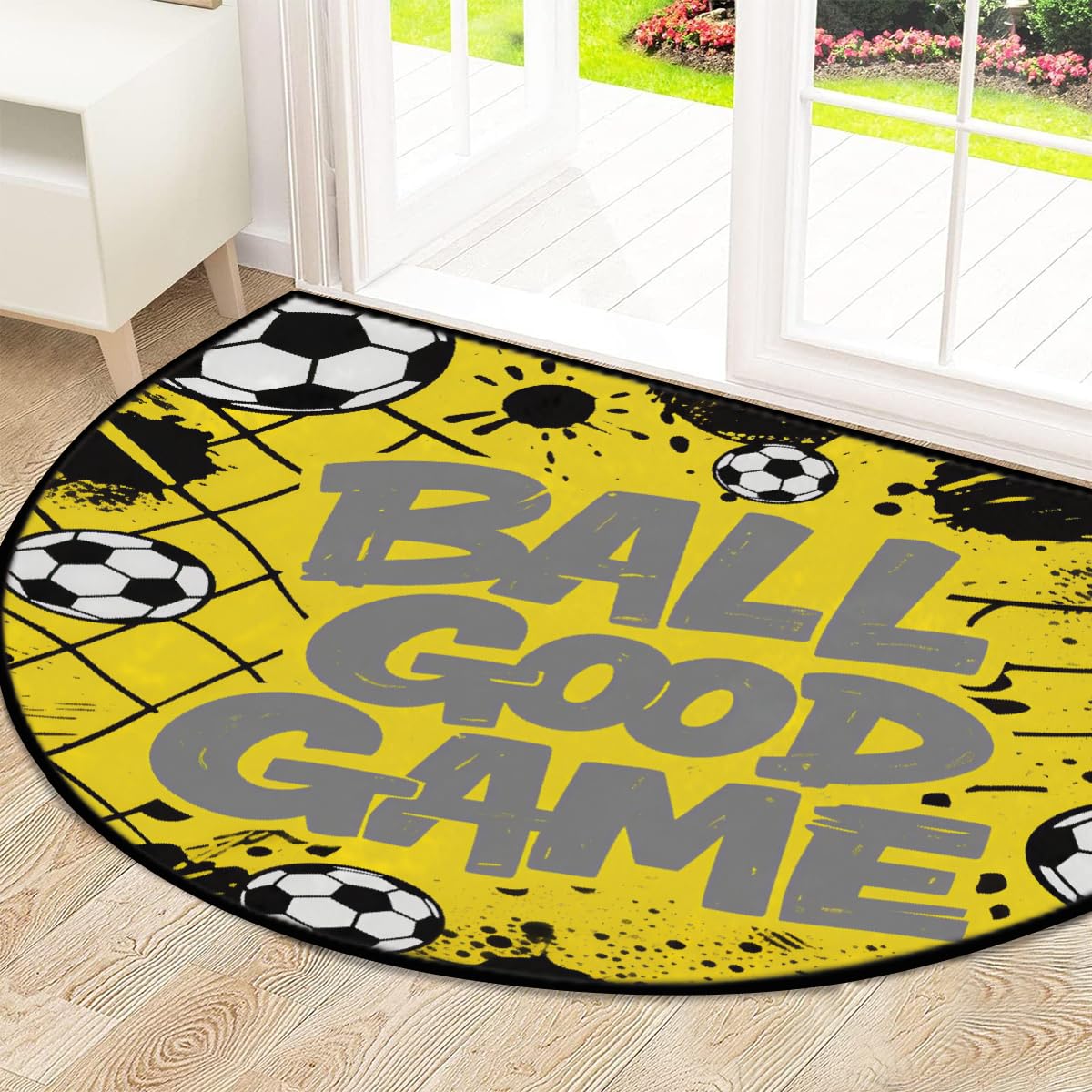 Große halbrunde Fußmatte – Fußballtor gelb, rutschfest, saugfähig, halbrund, Eingangsbereich, niedlich, weich, halbrund, waschbar, Teppich für Küche, Badezimmer, Schlafzimmer, 160 x 100 cm