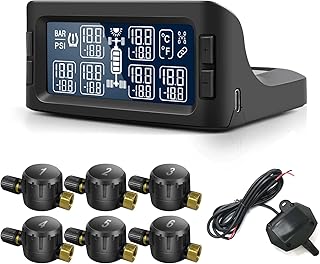 Easesuper Rv Tire Pressure Monitoring System, Large Screen Rv TPMS with 6 Flow Thru Sensors(0-199PSI) & Repeater,7 Alert Modes & Real Time Display Pressure&Tempereture, Auto Sleep,for Trailer,Truck