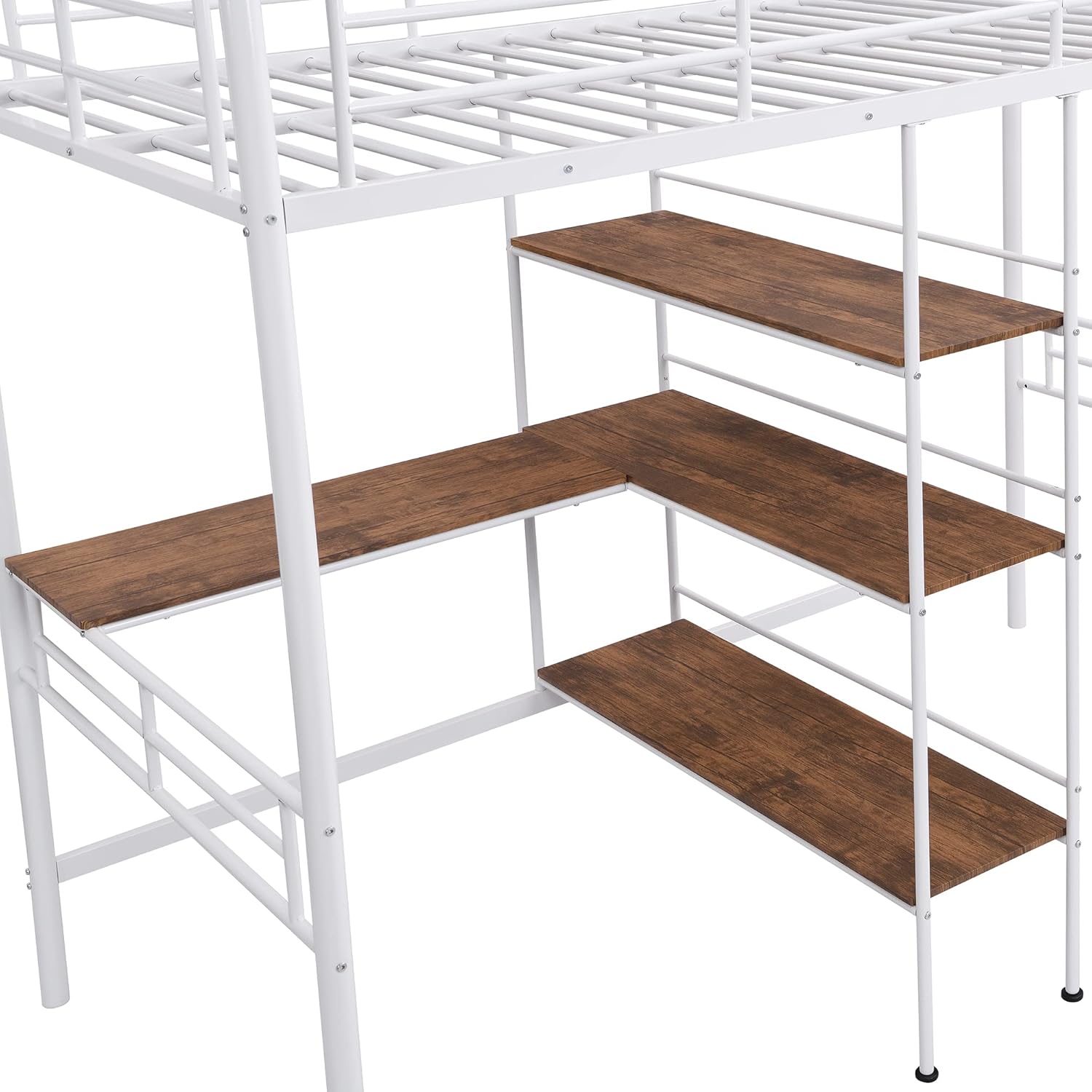 Metal Loft Bed with Built-in Desk,Heavy Duty Loft Bed with Shelves,No Box Spring Needed,White