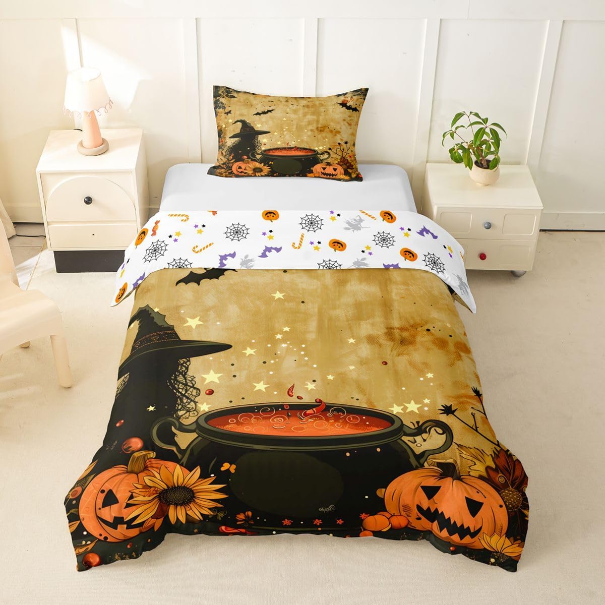 Halloween Theme Duvet Cover Set Toddler Size,Black Bats Witch Bedding Set 2pcs,Cartoon Pumpkins Sunflower Quilt Cover with Zipper Closure,Kids Boys Girls Room Decor,1 Pillowcase,No Comforter