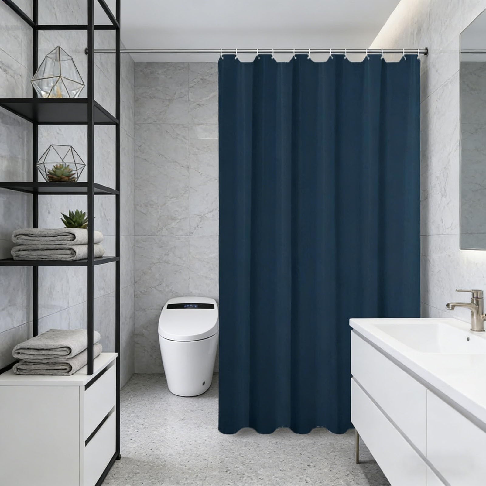 Rideau de douche bleu foncé 80 x 270 cm en tissu polyester étanche sans perçage