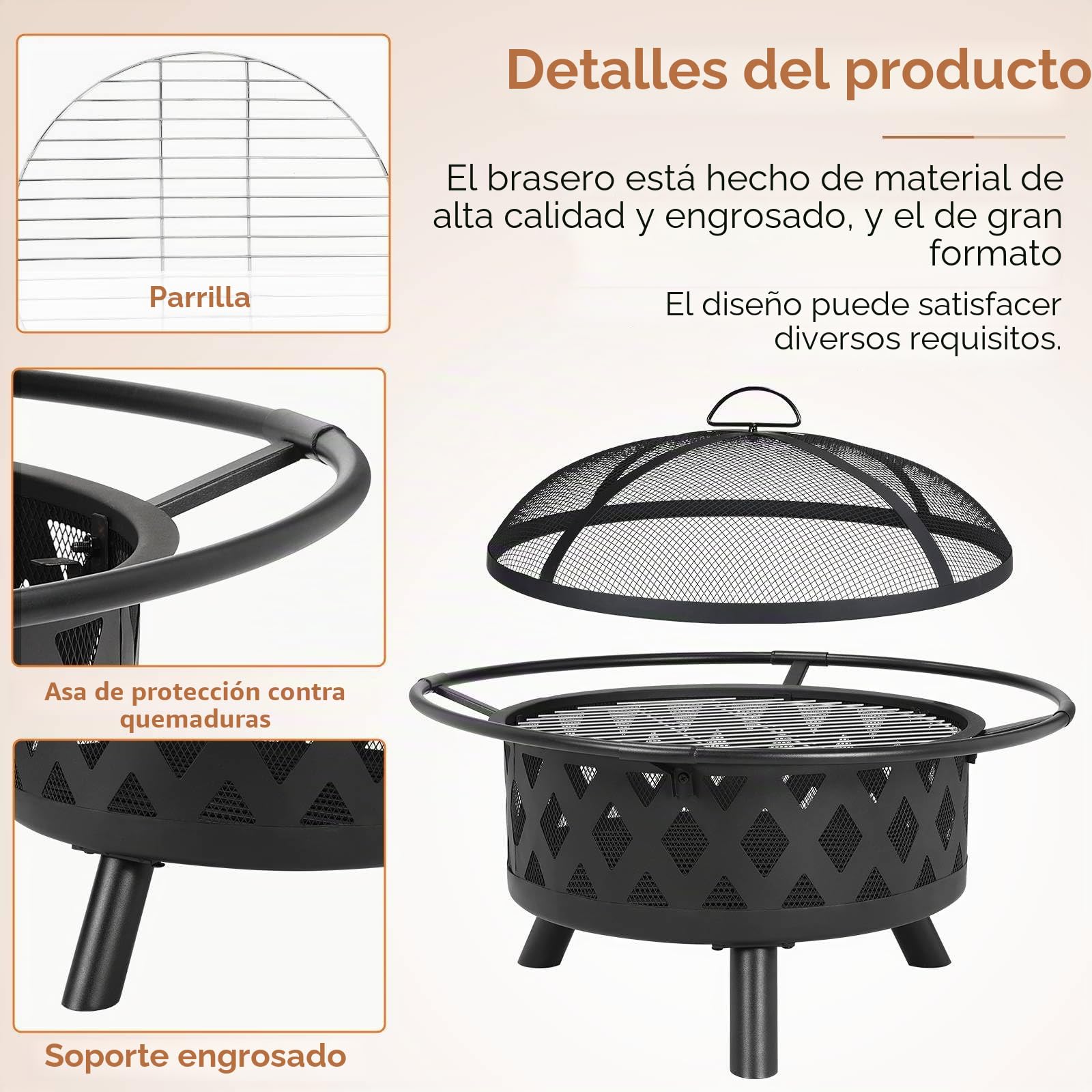 TLSUNNY Brasero Exterior Jardin, Ø80 cm Brasero con Protector Antichispas y Atizador, con Parrilla, Fire Pit para Jardin y Terraza, Grande Estufa Exterior, Negro, para Asar y Calentar