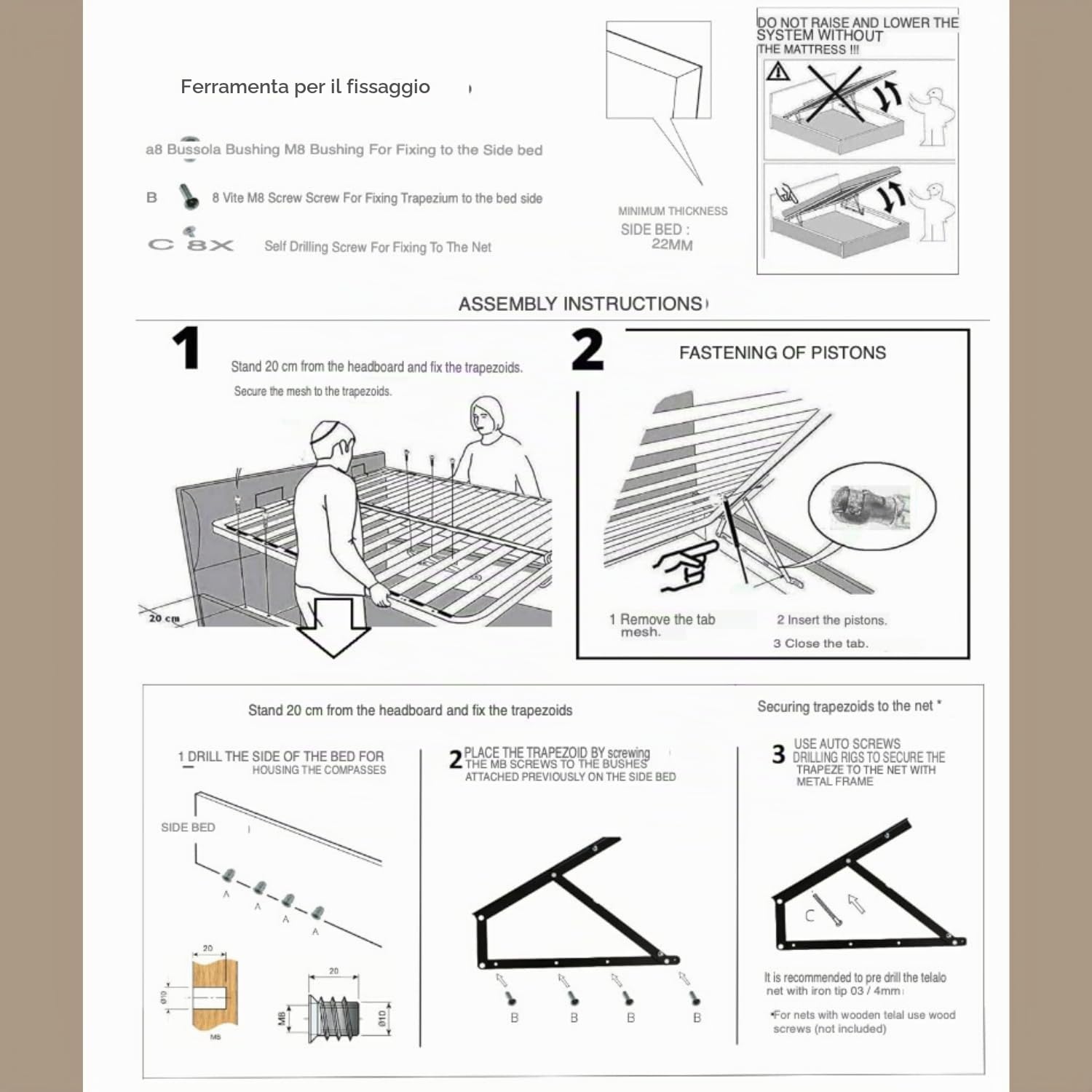 Evotrade Kit Alza Rete Meccanico Con Pistoni per Letto Contenitore, Include 2 Trapezi 2 Staffe Ferma Materasso Ferramenta Completa, Letto Matrimoniale