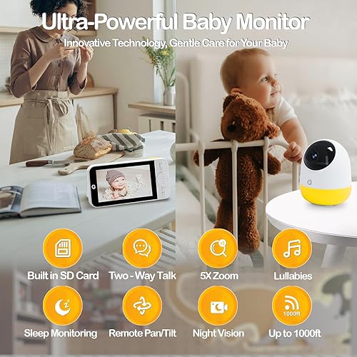 Miniatura 2 de Ellie Pro - Monitor de bebé con cámara y audio, resolución IPS 2K UHD de 5 pulgadas, batería de 6000 mAh, zoom panorámico remoto 5X, conversación de