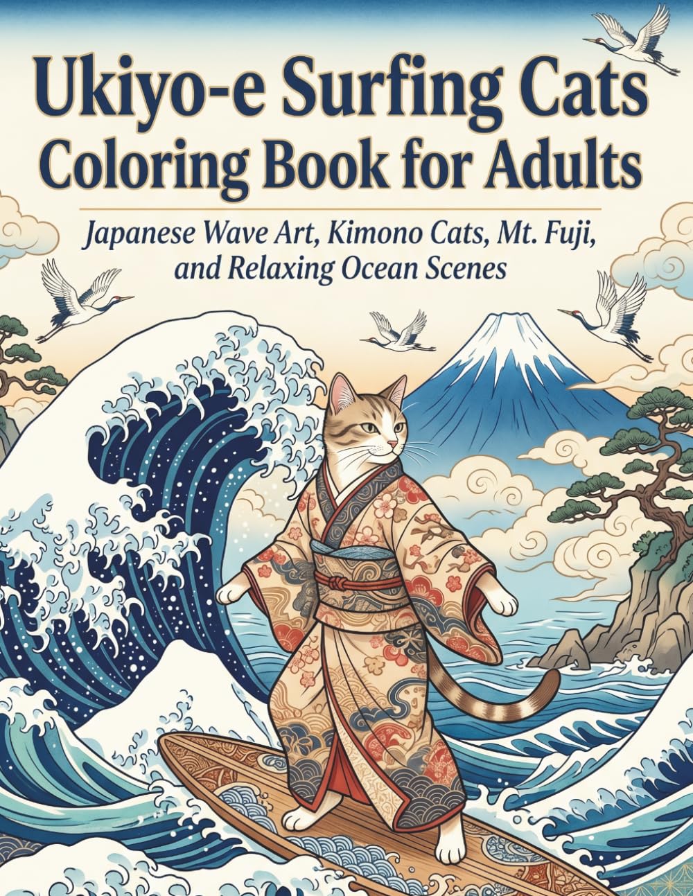 Ukiyo-e Surfing Cats Coloring Book for Adults: Japanese Wave Art, Kimono Cats, Mt. Fuji, and Relaxing Ocean Scenes for Cat Lovers