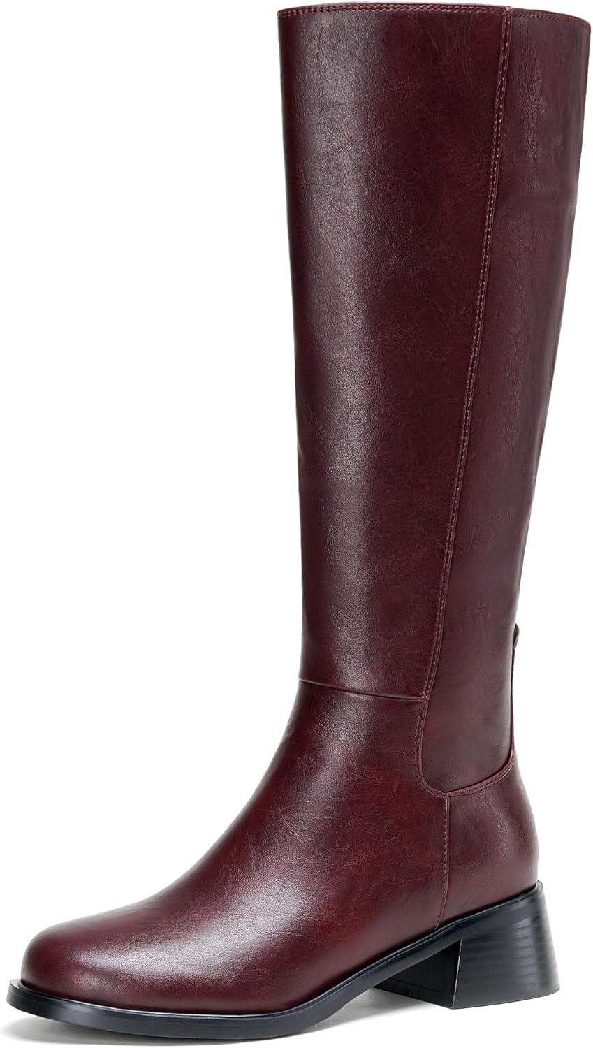 LanreyTaley Leather Boots Women Knee High Boots Low Block Heel Round Toe Side Zipper Fall Long Boots