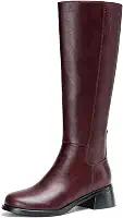 Botas femininas de couro, cano alto, salto baixo, bico redondo, zíper lateral, botas longas