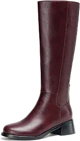 Botas femininas de couro, cano alto, salto baixo, bico redondo, zíper lateral, botas longas