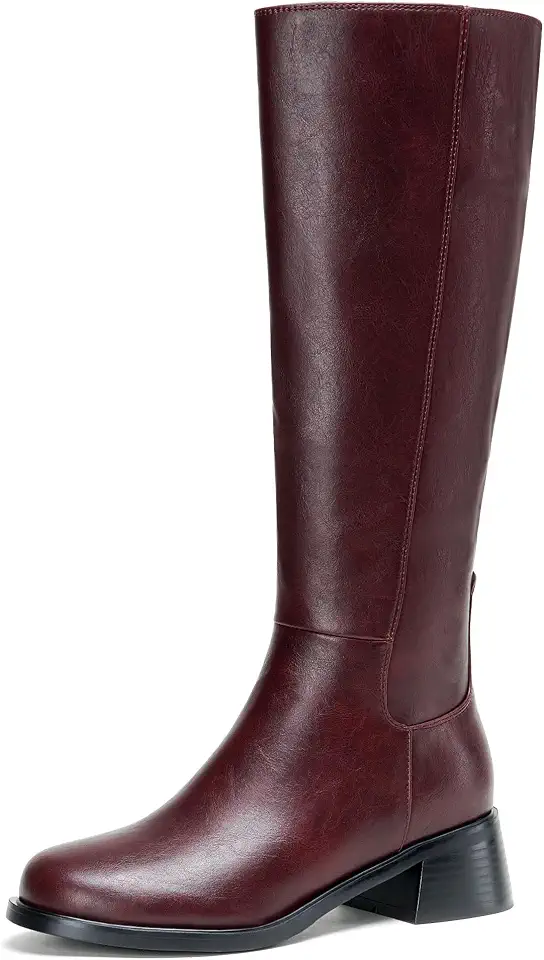 Botas femininas de couro, cano alto, salto baixo, bico redondo, zíper lateral, botas longas